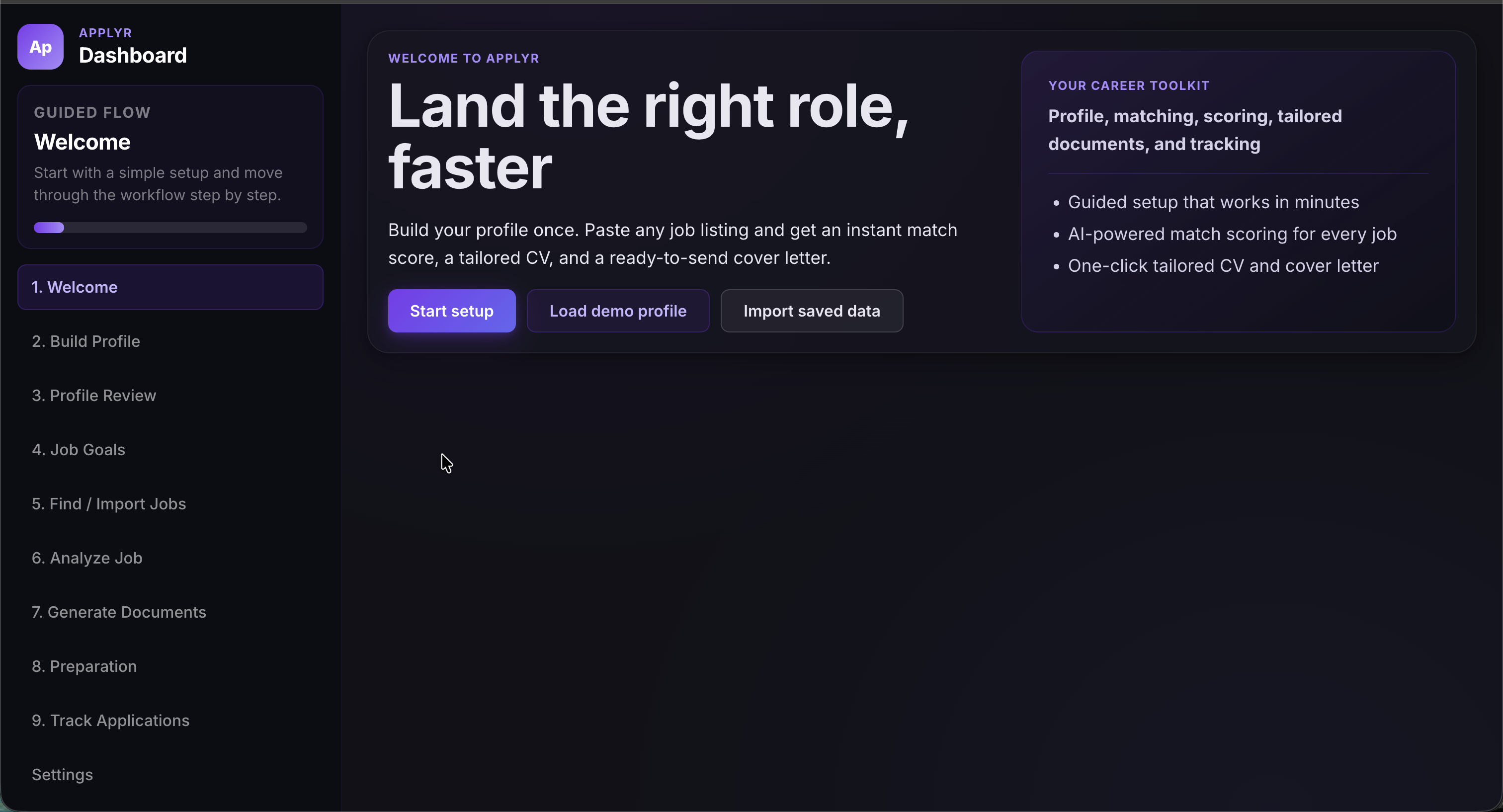 Applyr welcome dashboard and career toolkit