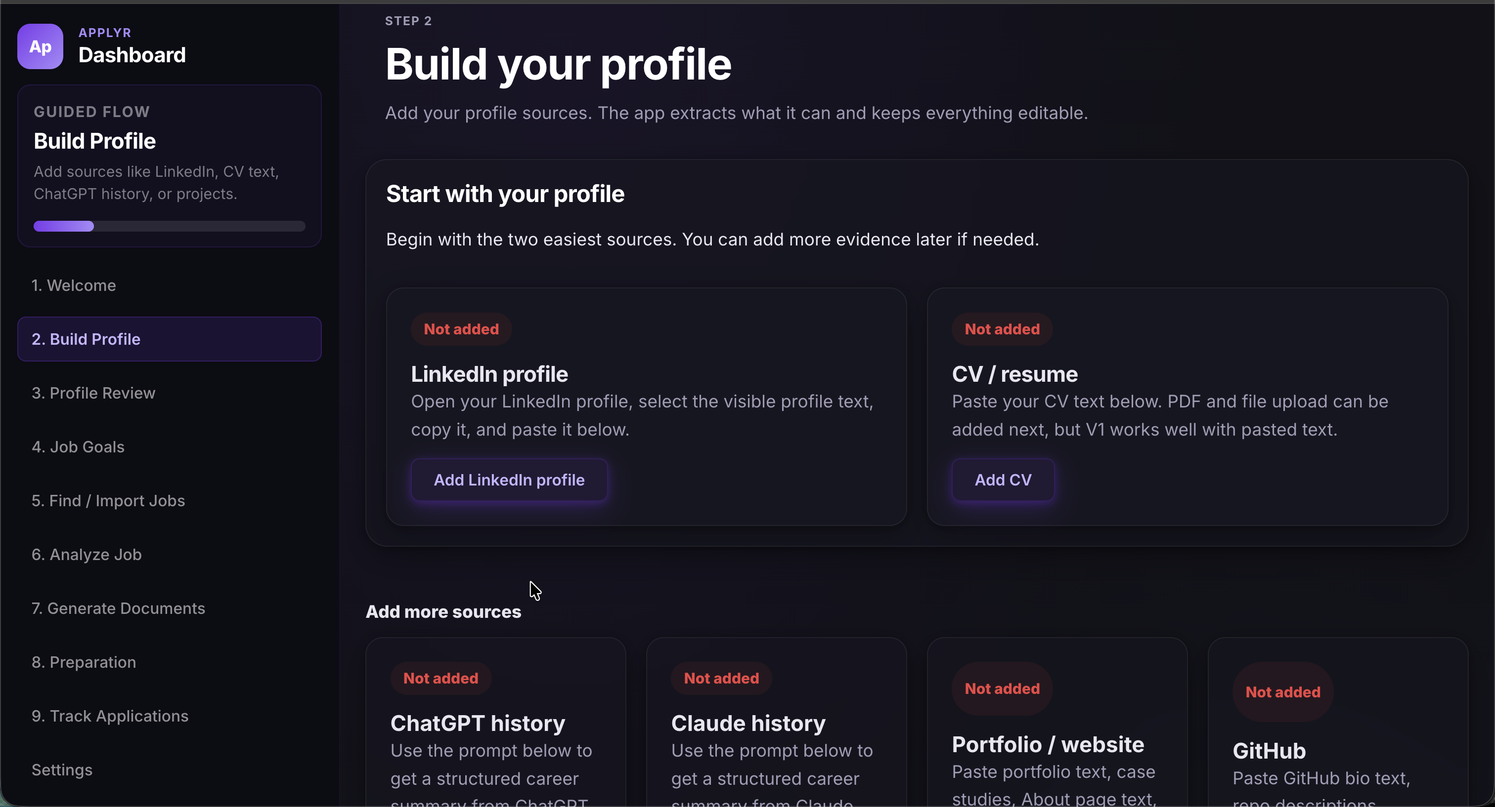 Applyr build profile step with LinkedIn and CV source cards