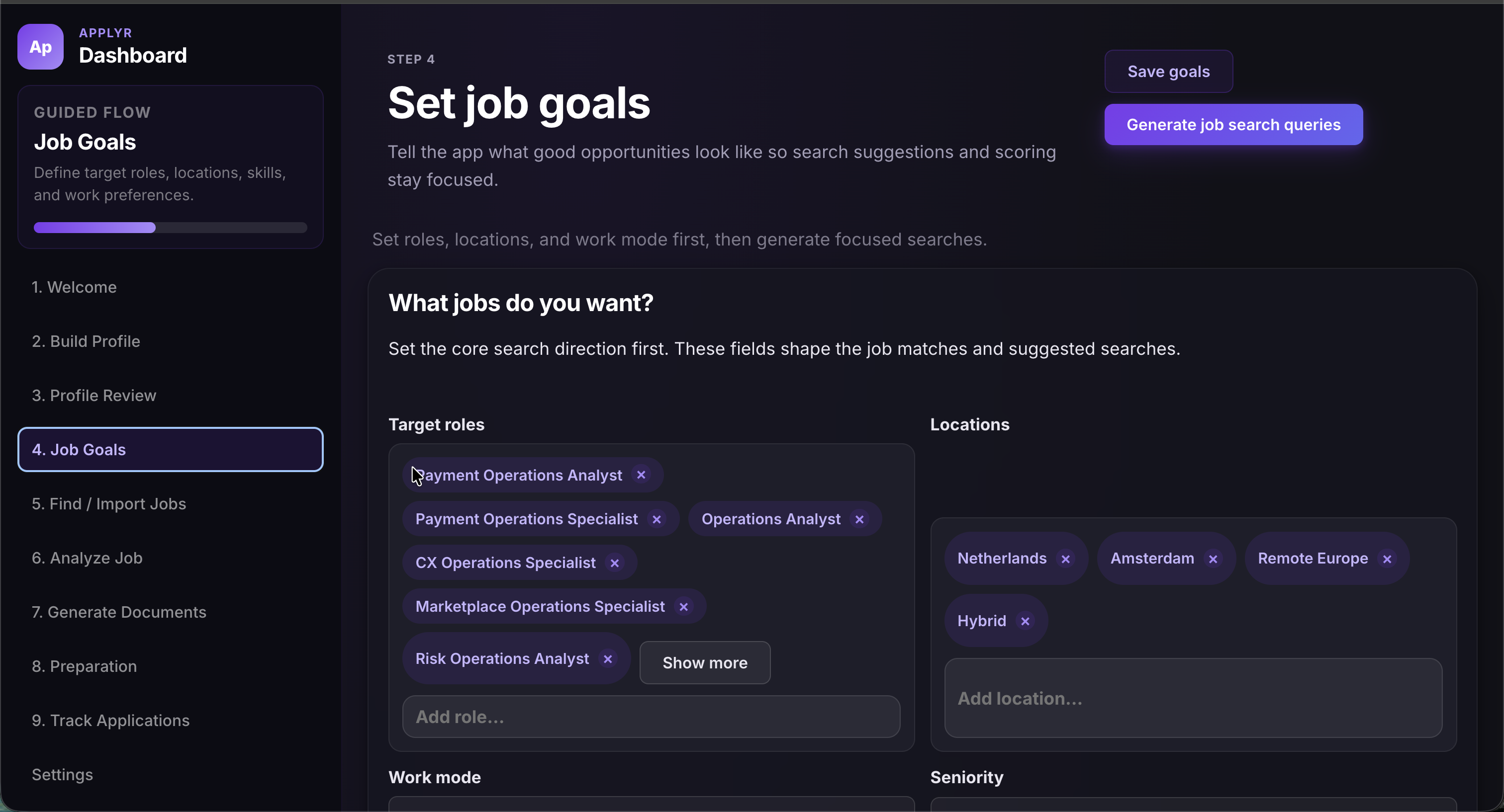 Applyr job goals screen with target roles and locations