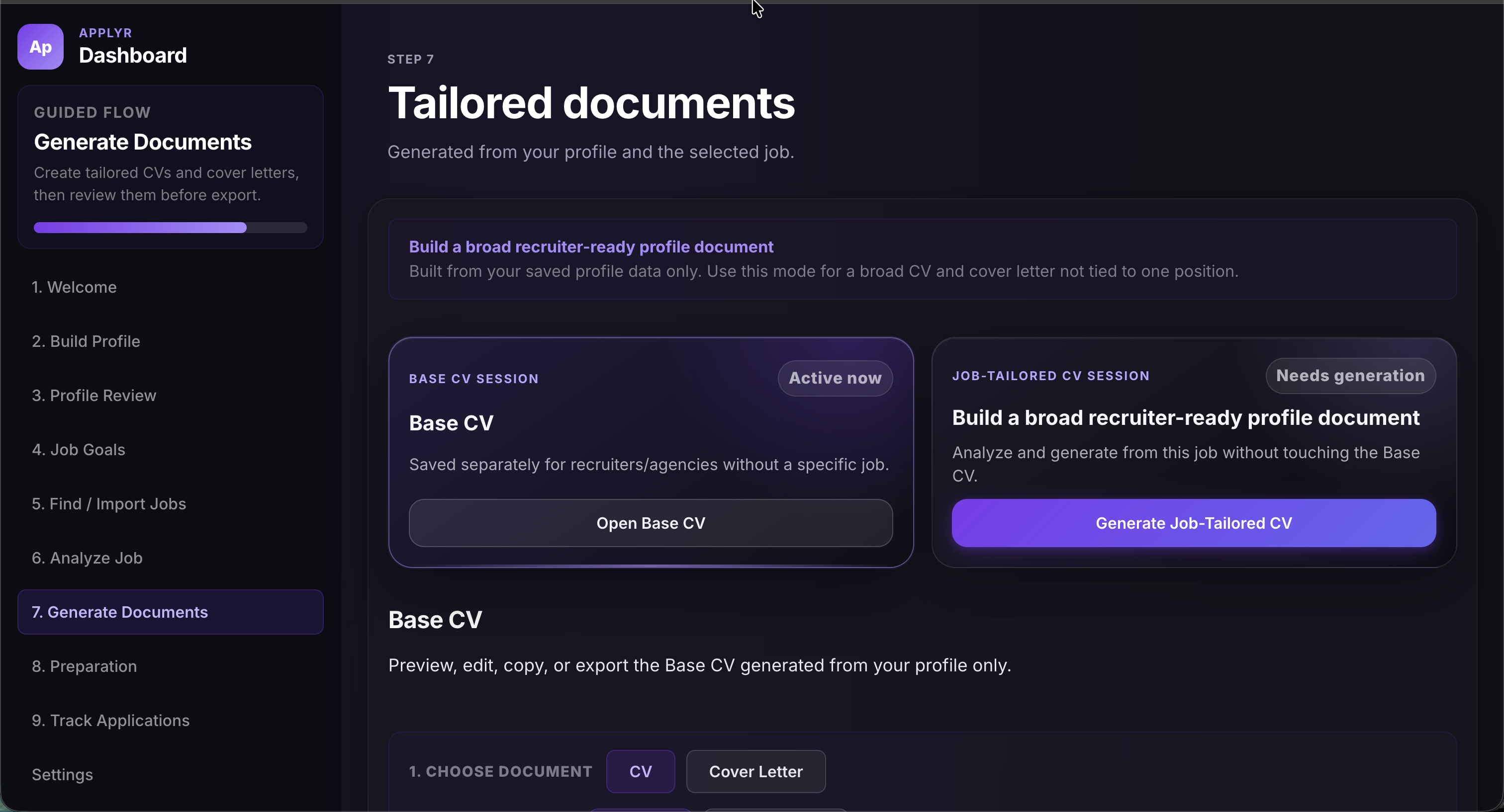 Applyr tailored documents screen for base CV and job-tailored CV generation