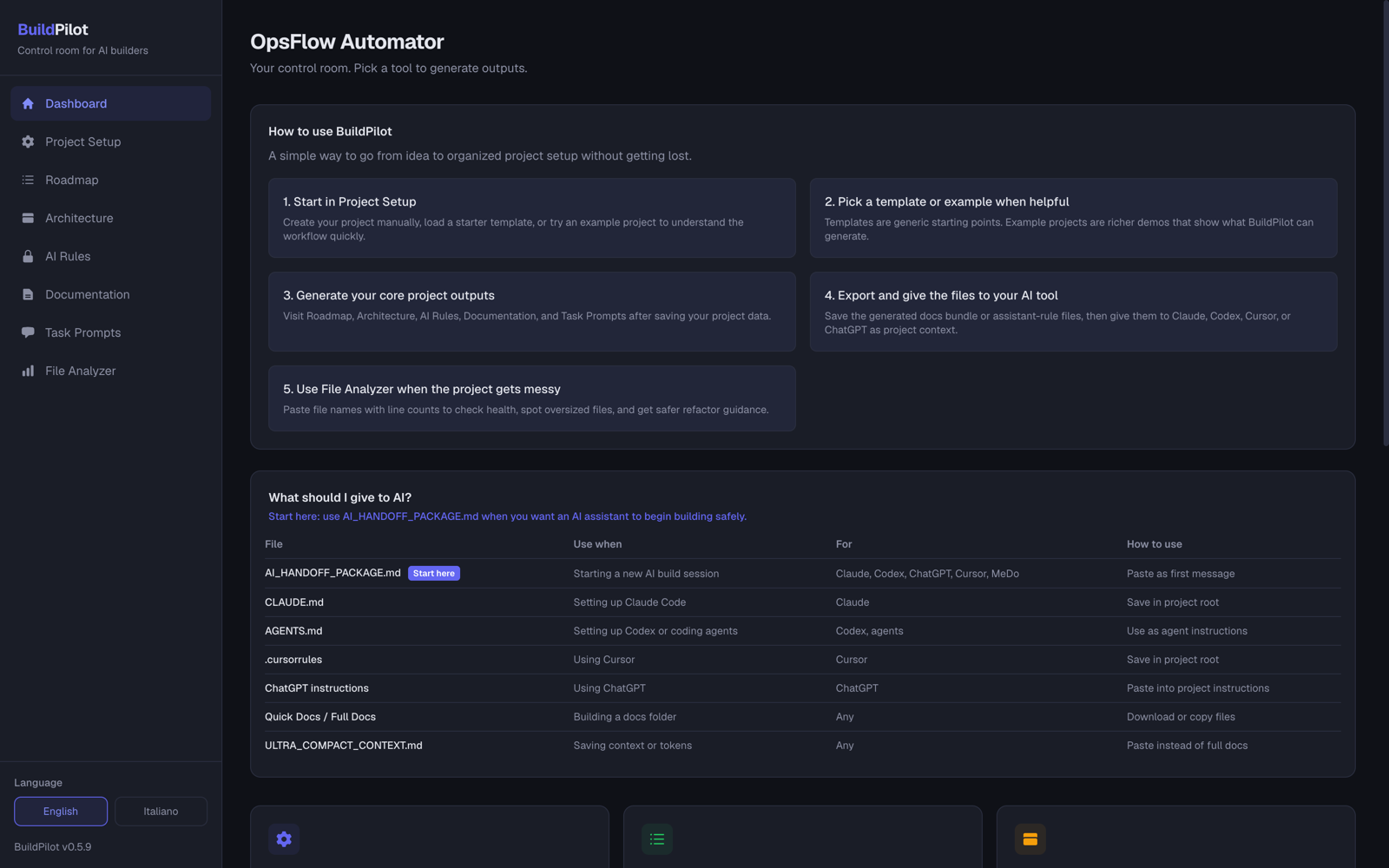 BuildPilot dashboard with guided steps and AI handoff file overview