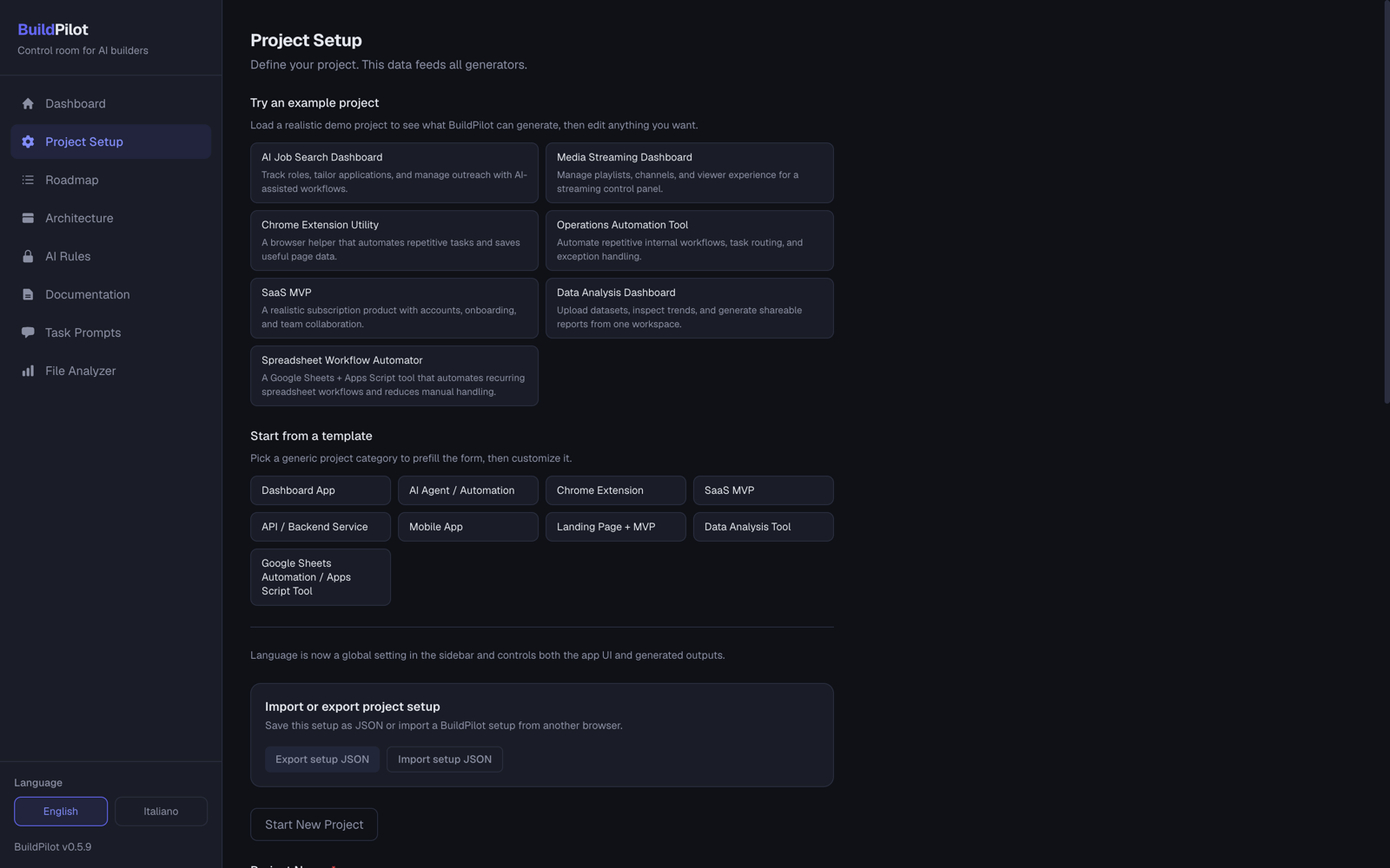BuildPilot project setup with example projects and templates