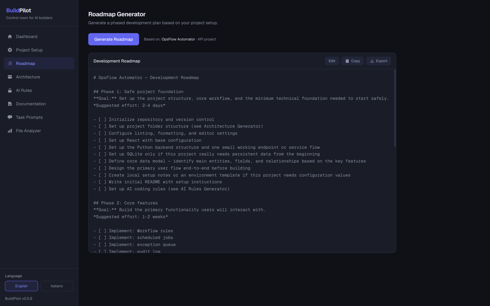 BuildPilot roadmap generator with a phased development plan