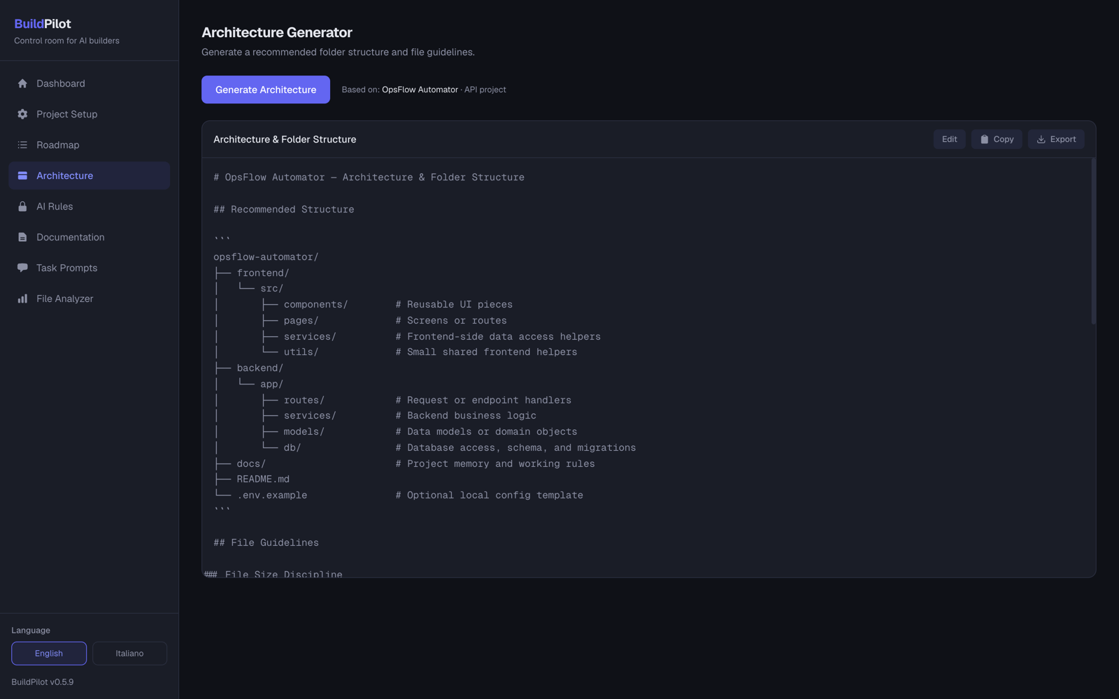 BuildPilot architecture generator with folder structure and file guidelines