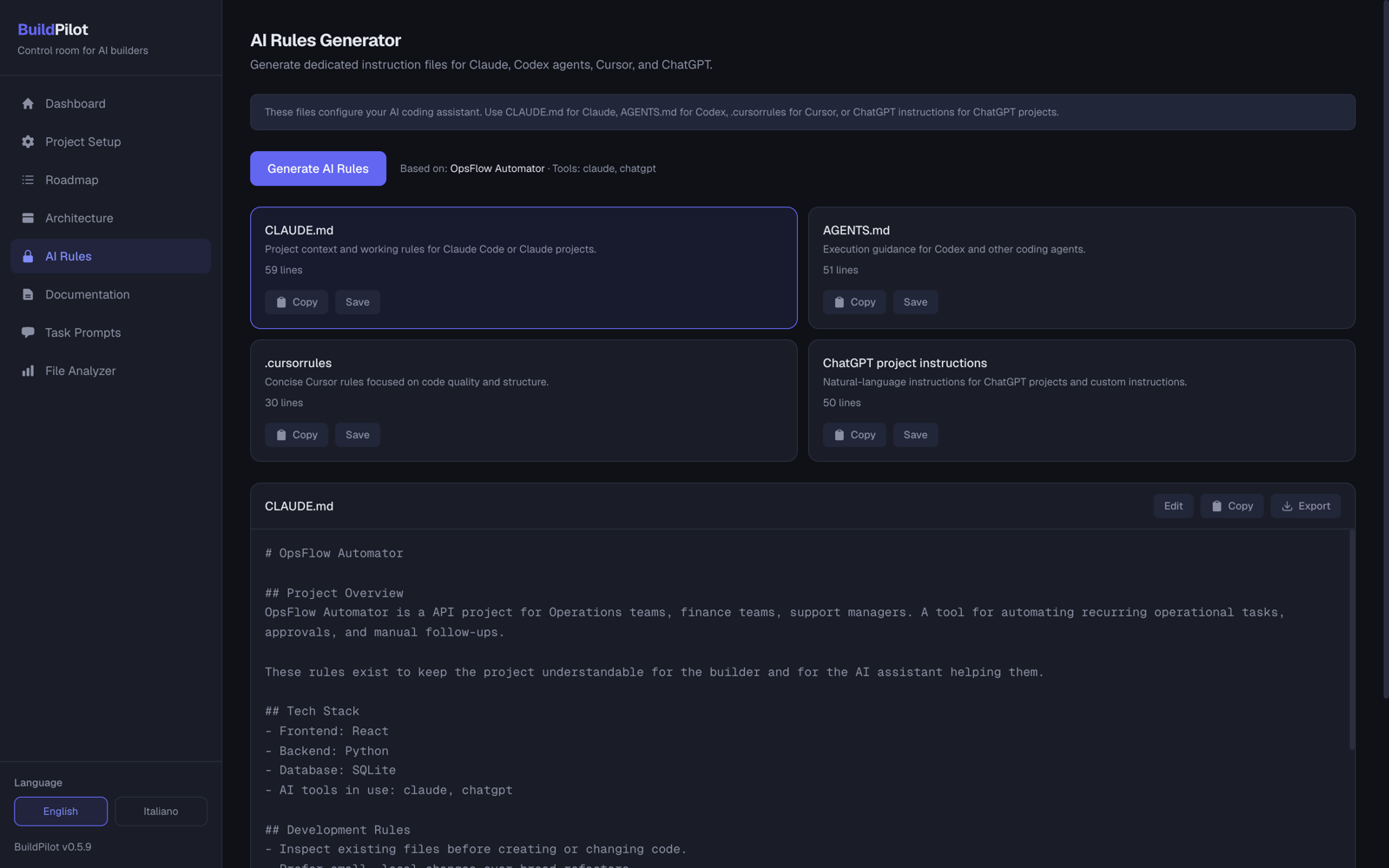 BuildPilot AI rules generator with instruction files for Claude, Codex, Cursor and ChatGPT
