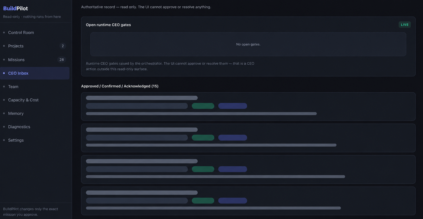 BuildPilot CEO Inbox showing governance state and approval gates