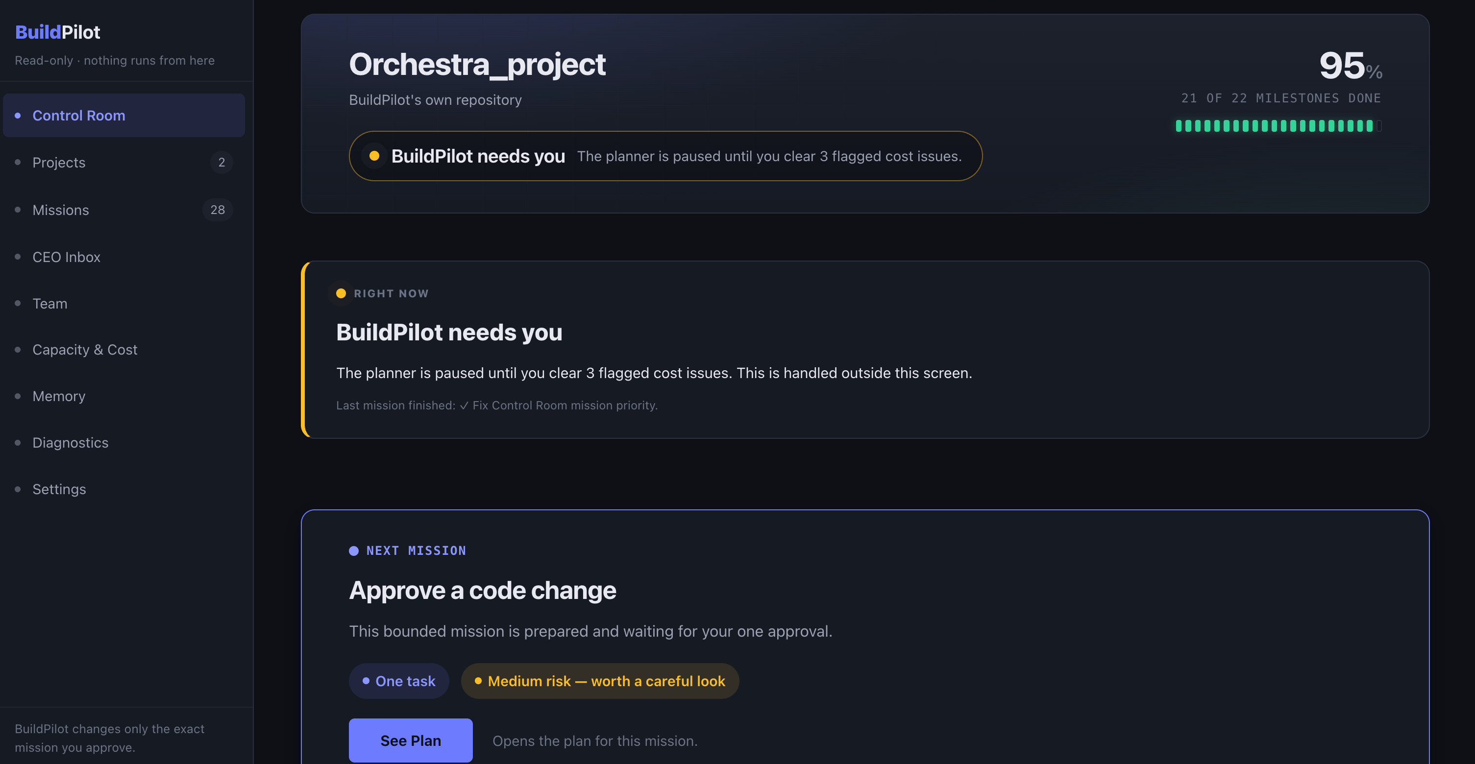 BuildPilot Control Room showing project progress and a human approval request