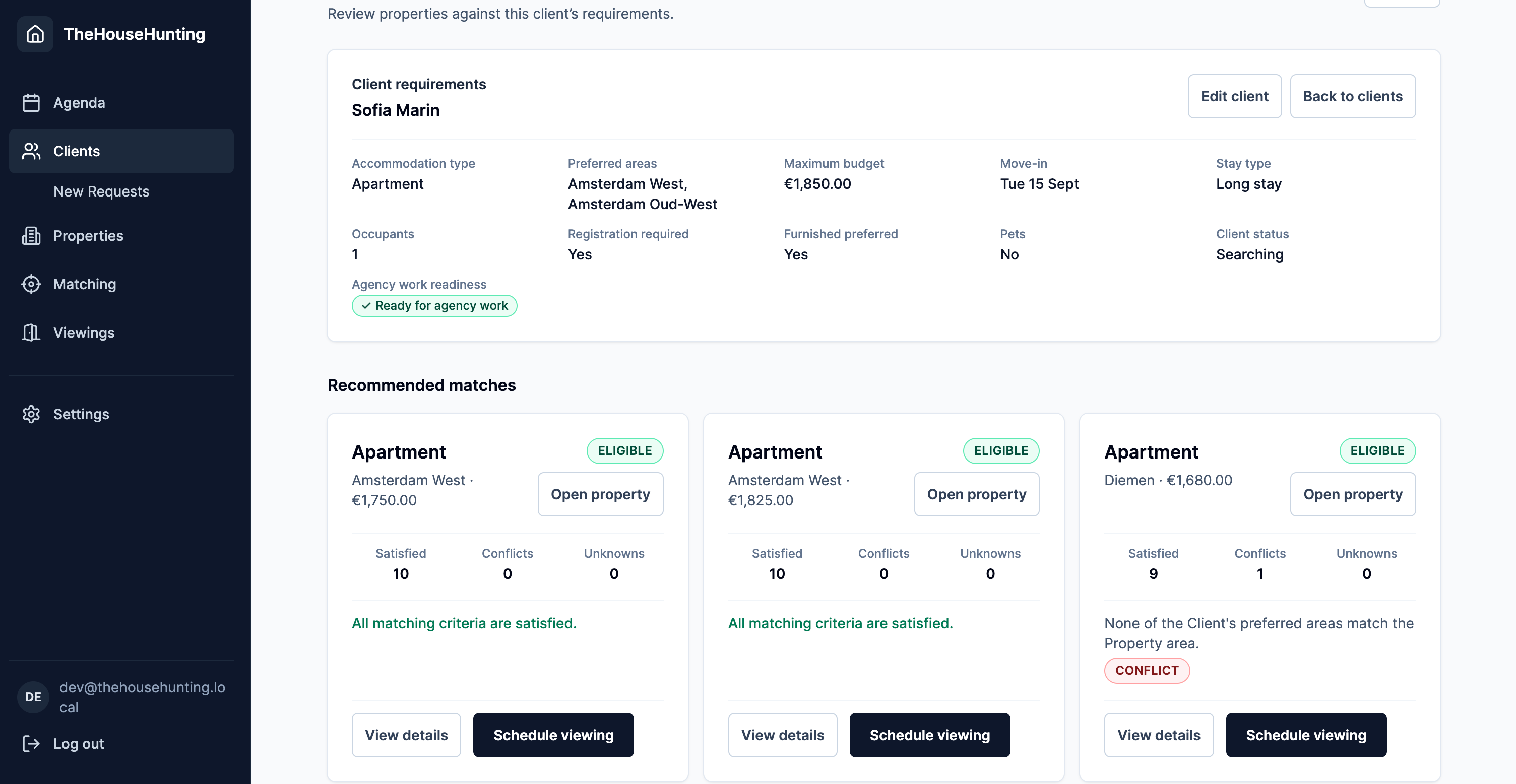 TheHouseHunting matching results for a fictional client with recommended properties