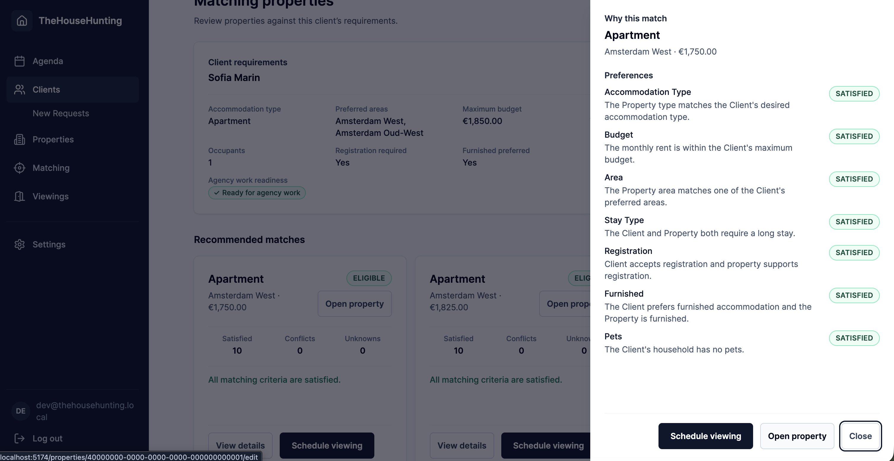 TheHouseHunting explanation panel showing why a fictional property matches a client