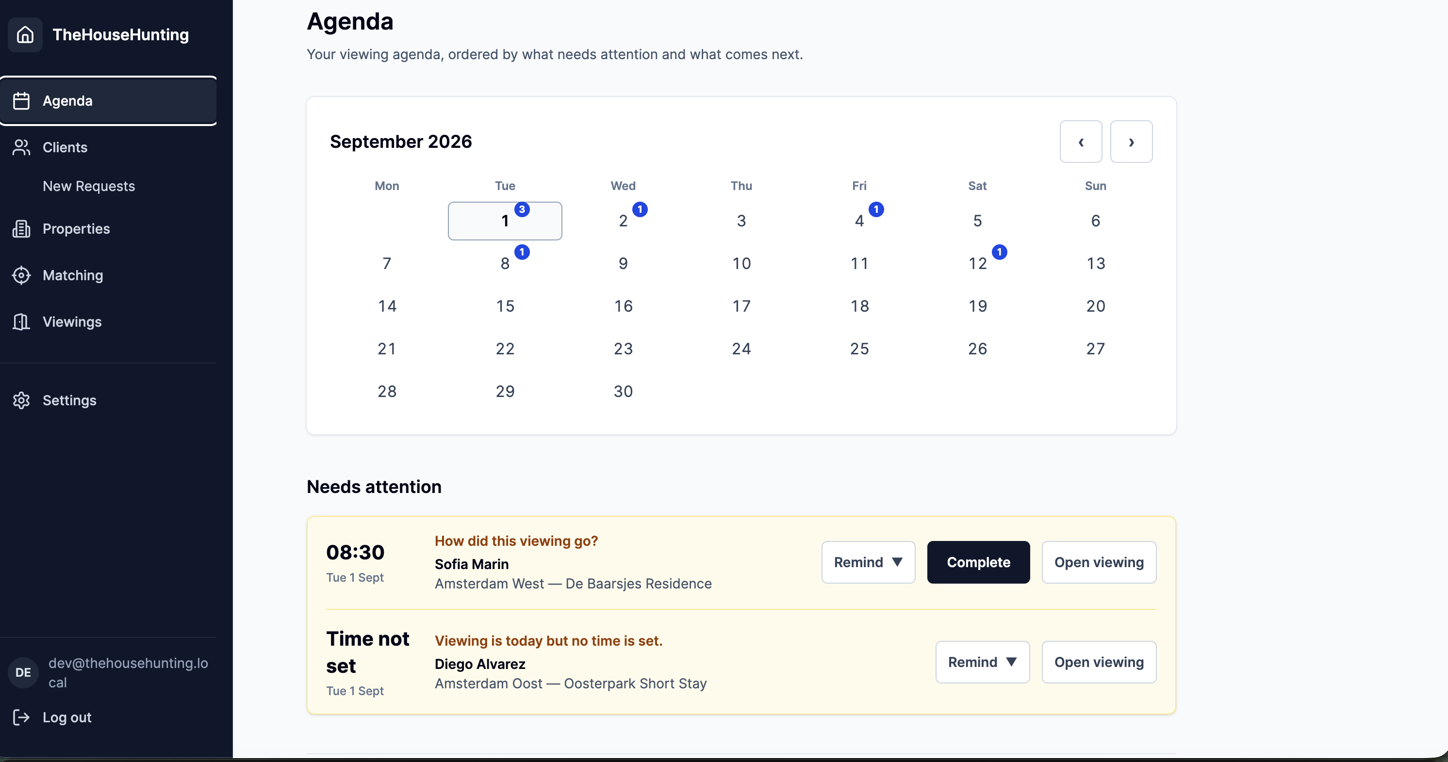 TheHouseHunting agenda with fictional viewings and needs-attention follow-up cards