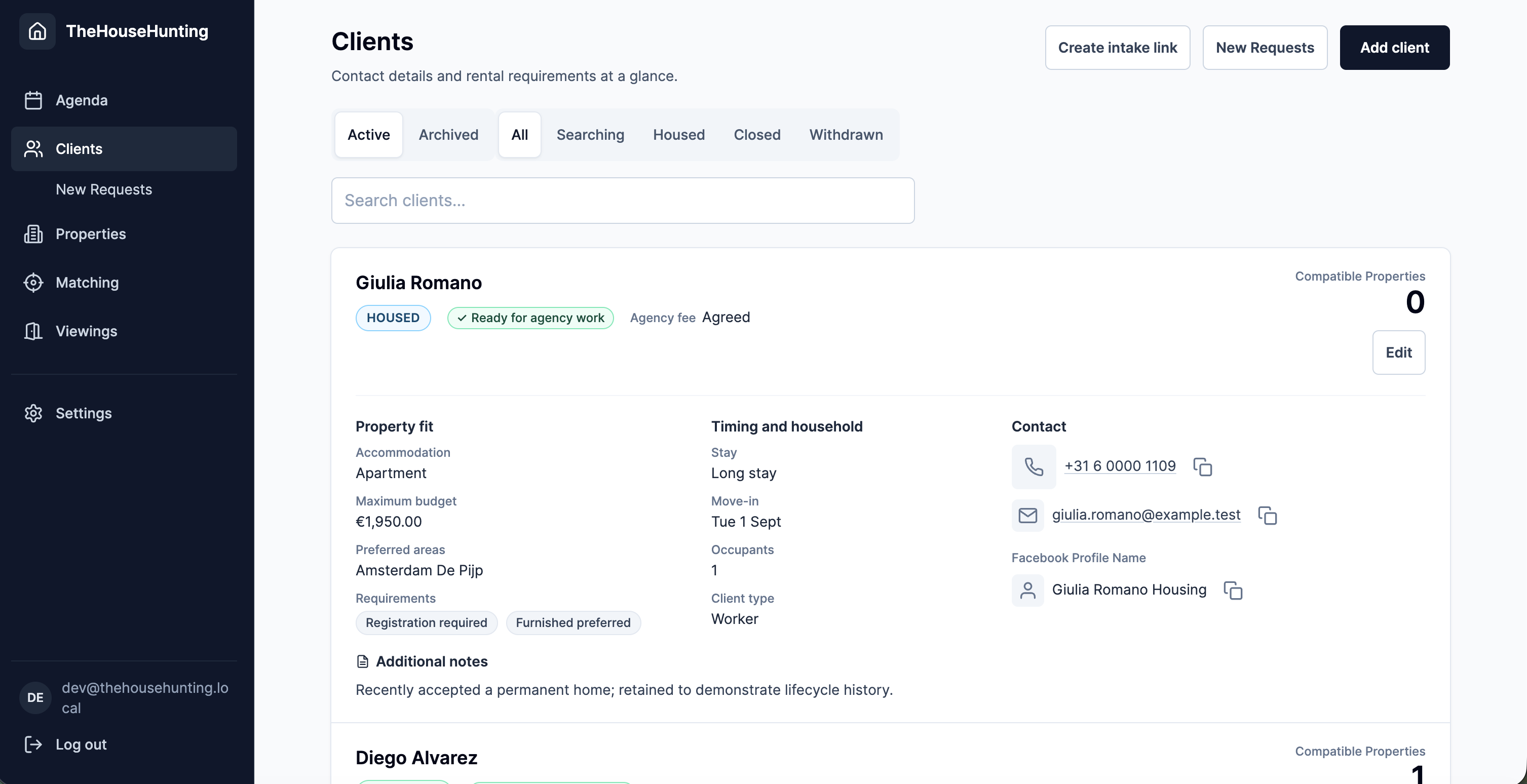 TheHouseHunting client directory with fictional rental requirements and lifecycle status