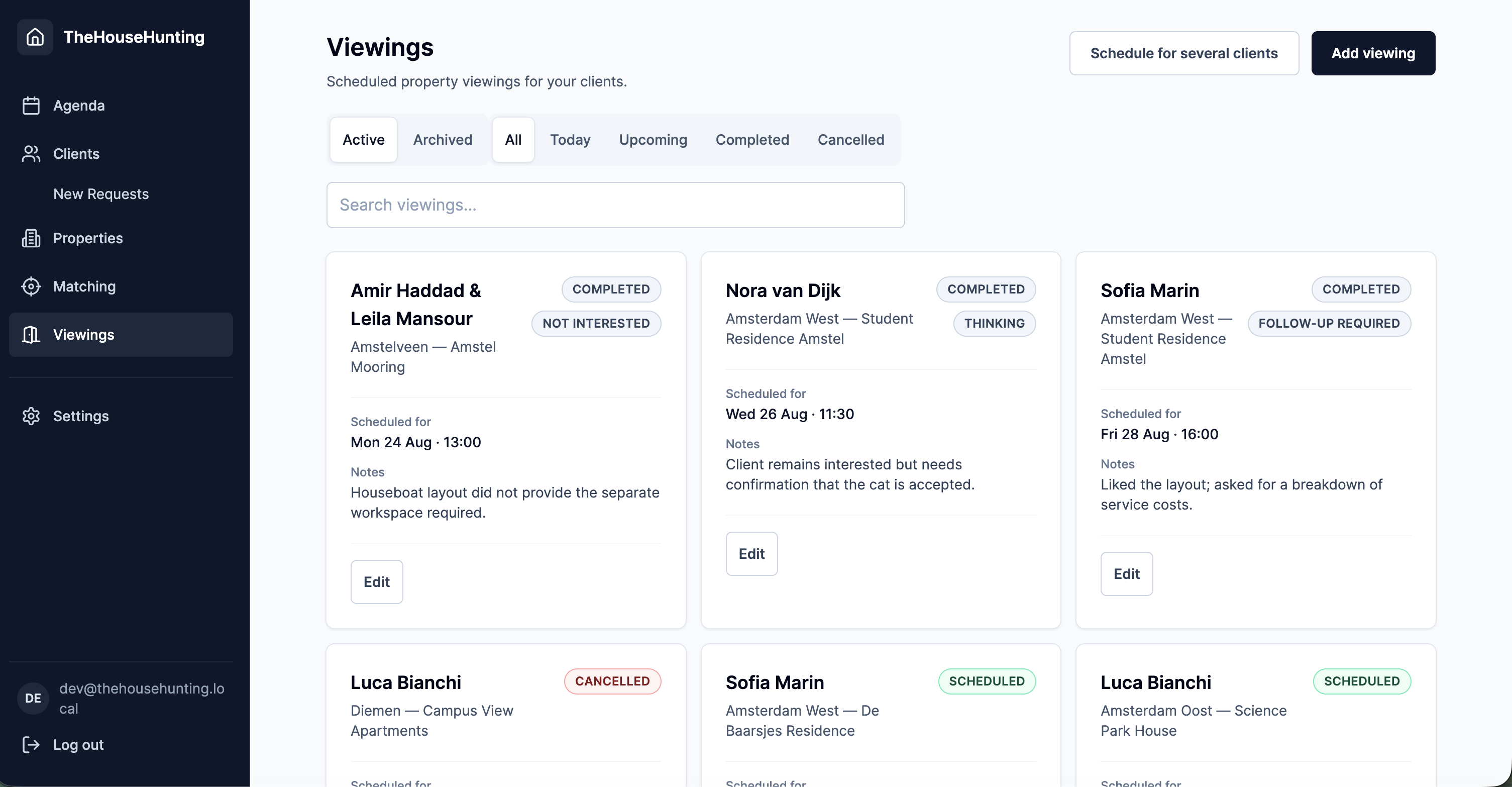 TheHouseHunting viewing directory with fictional scheduled, completed and cancelled viewings