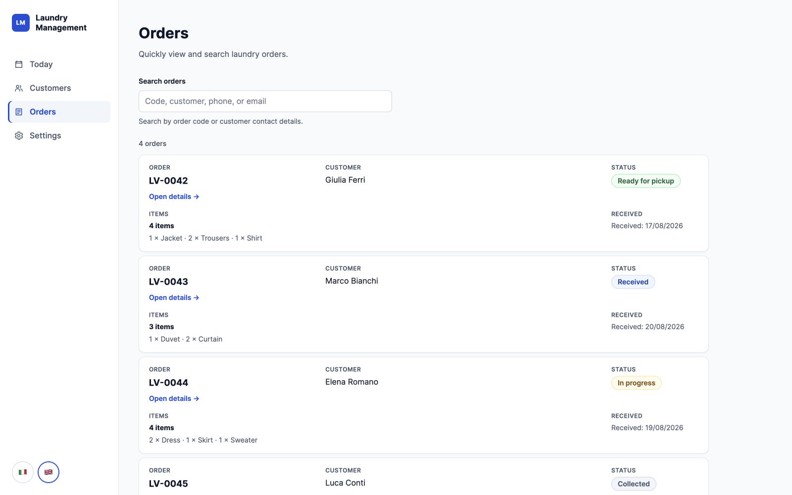 Laundry Management order directory with searchable order cards