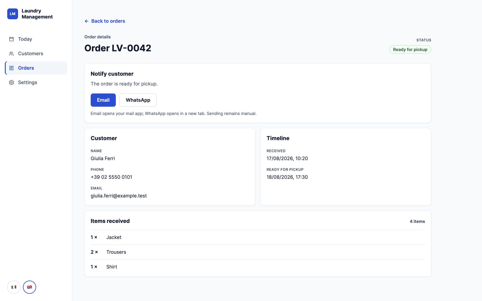 Laundry Management order detail with pickup communication actions