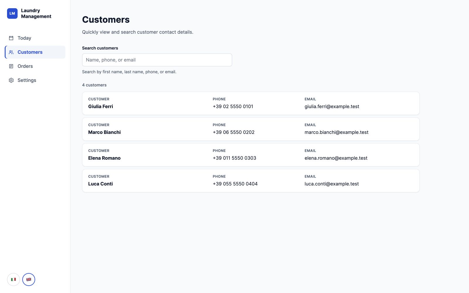 Laundry Management customer records list with fictional contact data