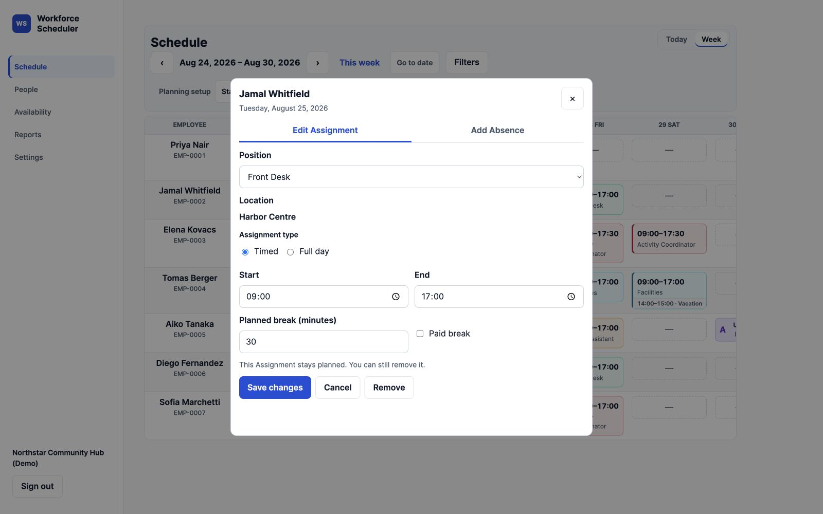 Workforce Scheduler assignment editing dialog over the schedule