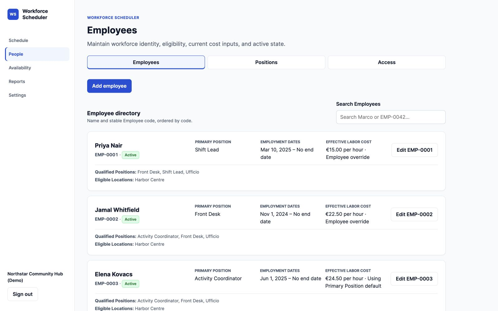 Workforce Scheduler employee directory with fictional workforce records