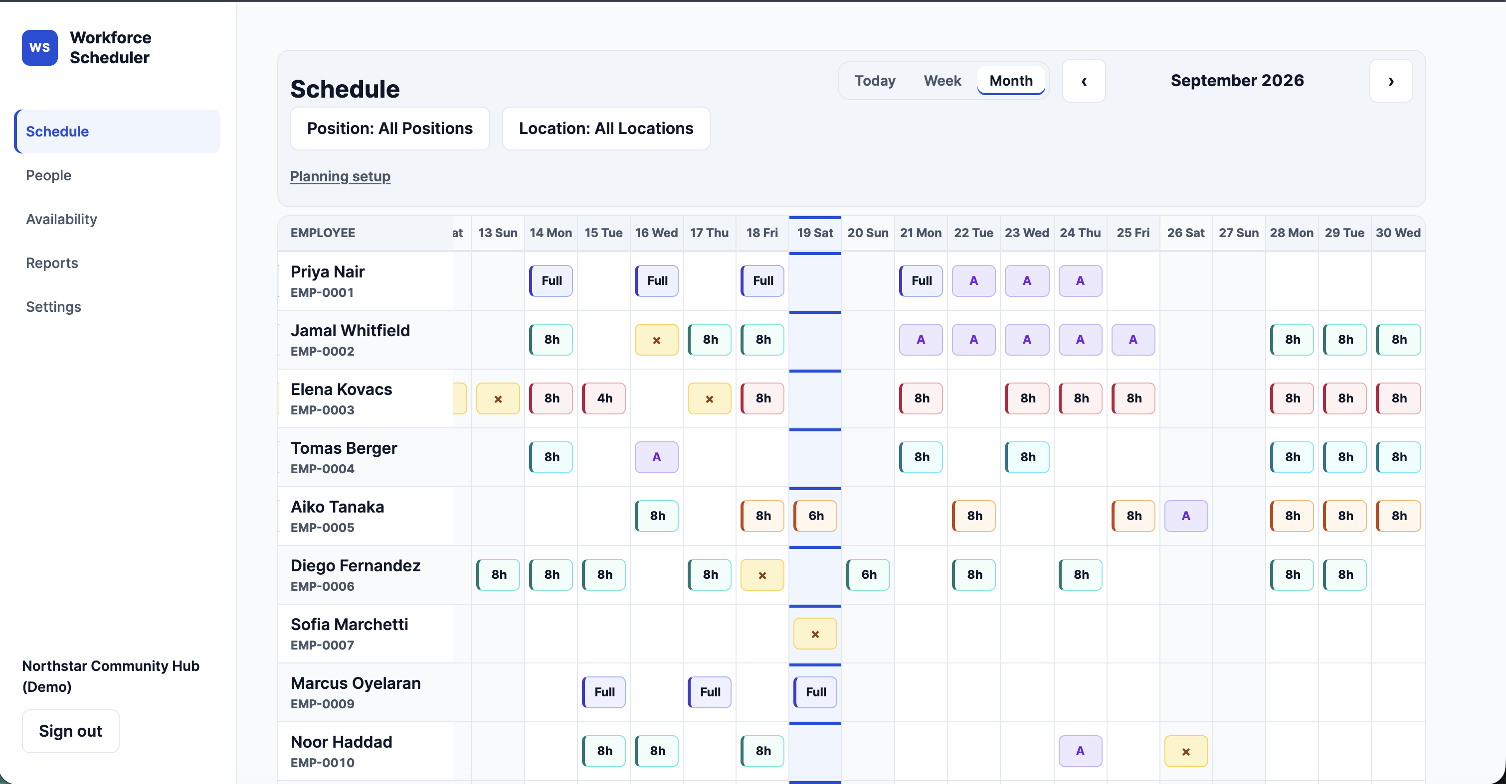 Workforce Scheduler month view with working hours, assignments and absence context